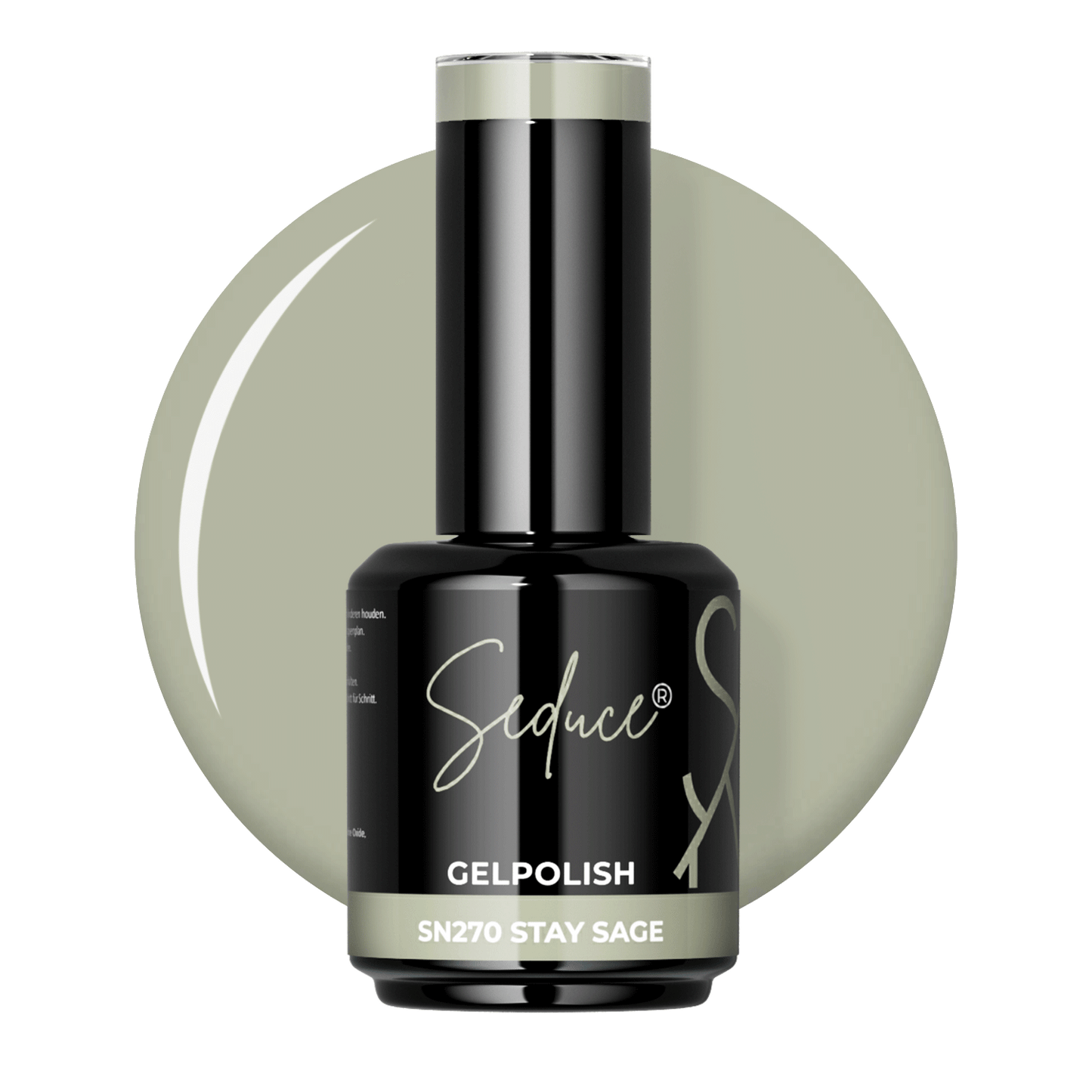 Seduce® Gelpolish Stay Sage SN270 zachte saliegroene colordrop met flesje op transparante achtergrond