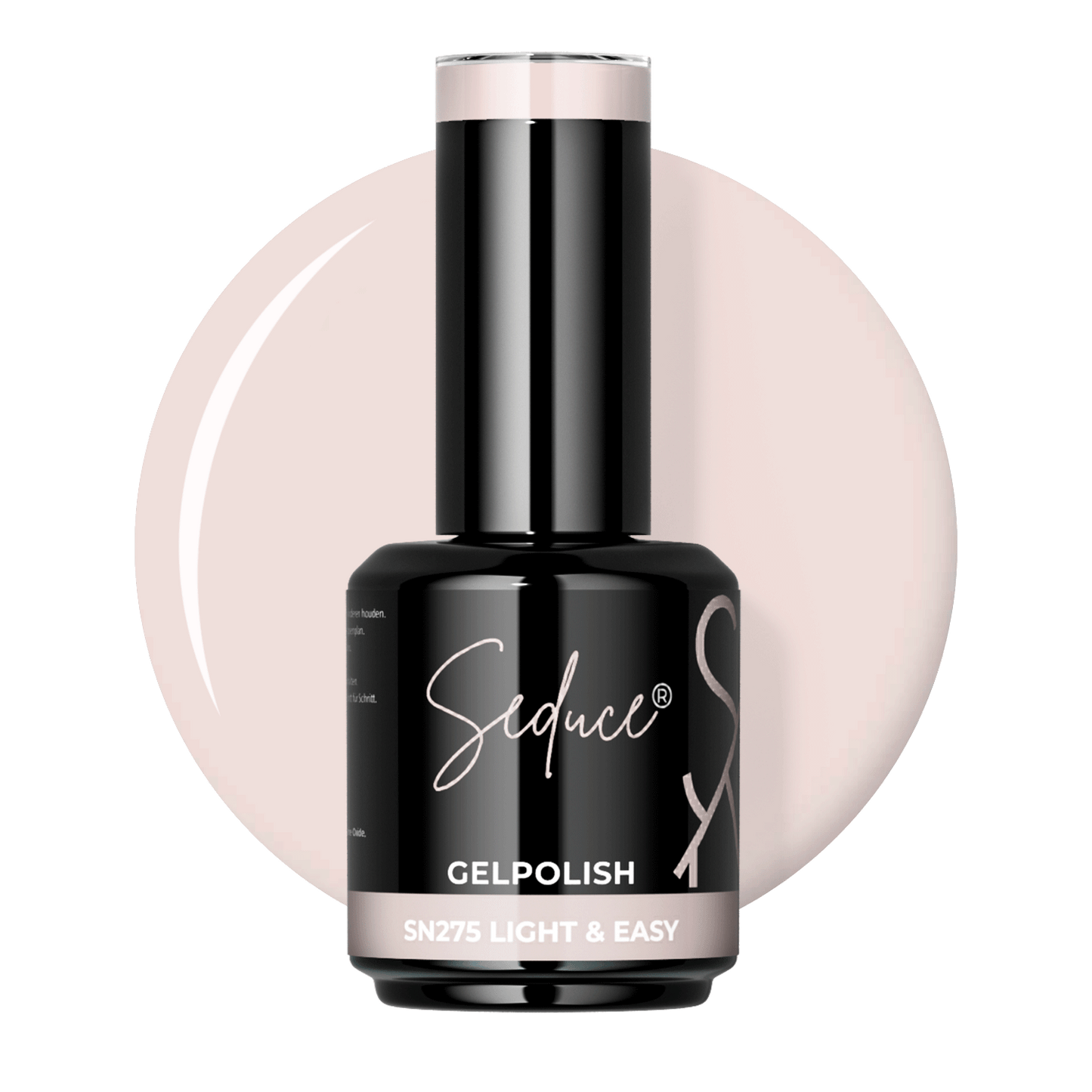 Seduce® Gelpolish Light & Easy SN275 zachte ivoorbeige colordrop met flesje op witte achtergrond