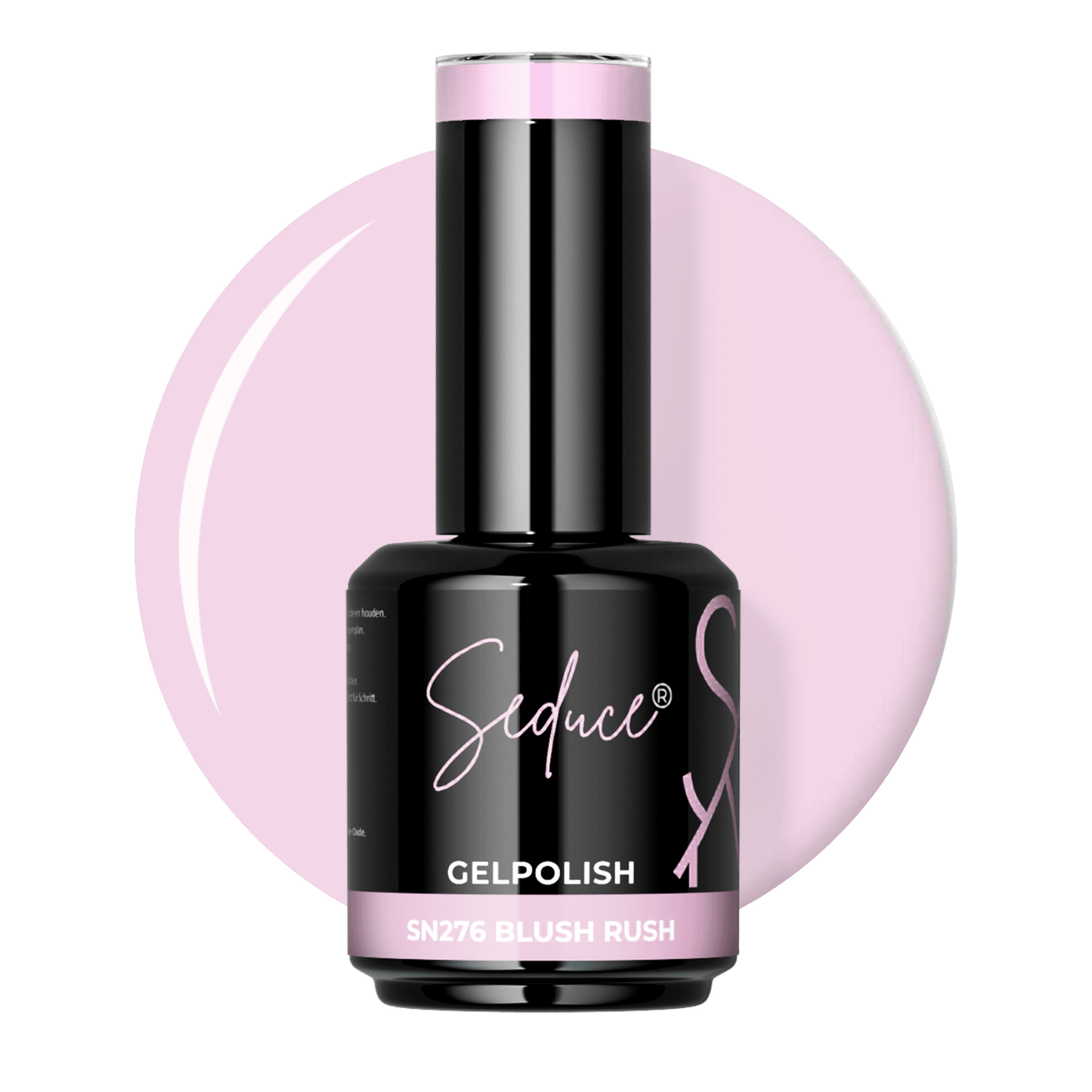 Flesje Seduce® Gelpolish SN276 Blush Rush naast een warme blushroze colordrop