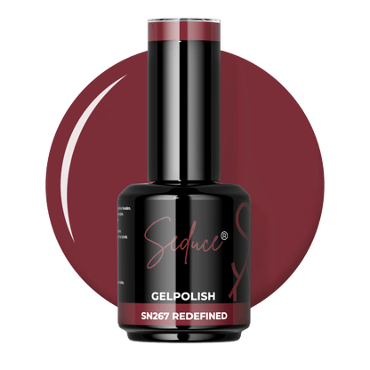 Gelpolish Redefined SN267 wijnrode colordrop met flesje op witte achtergrond