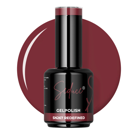Gelpolish Redefined SN267 wijnrode colordrop met flesje op witte achtergrond