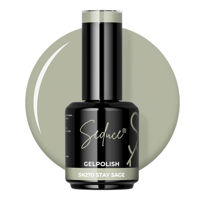 Seduce® Gelpolish Stay Sage SN270 zachte saliegroene colordrop met flesje op transparante achtergrond