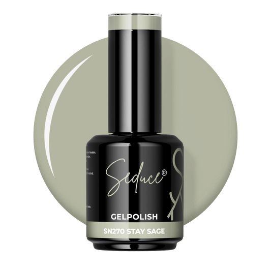 Seduce® Gelpolish Stay Sage SN270 zachte saliegroene colordrop met flesje op transparante achtergrond