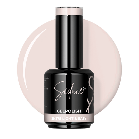 Seduce® Gelpolish Light & Easy SN275 zachte ivoorbeige colordrop met flesje op witte achtergrond